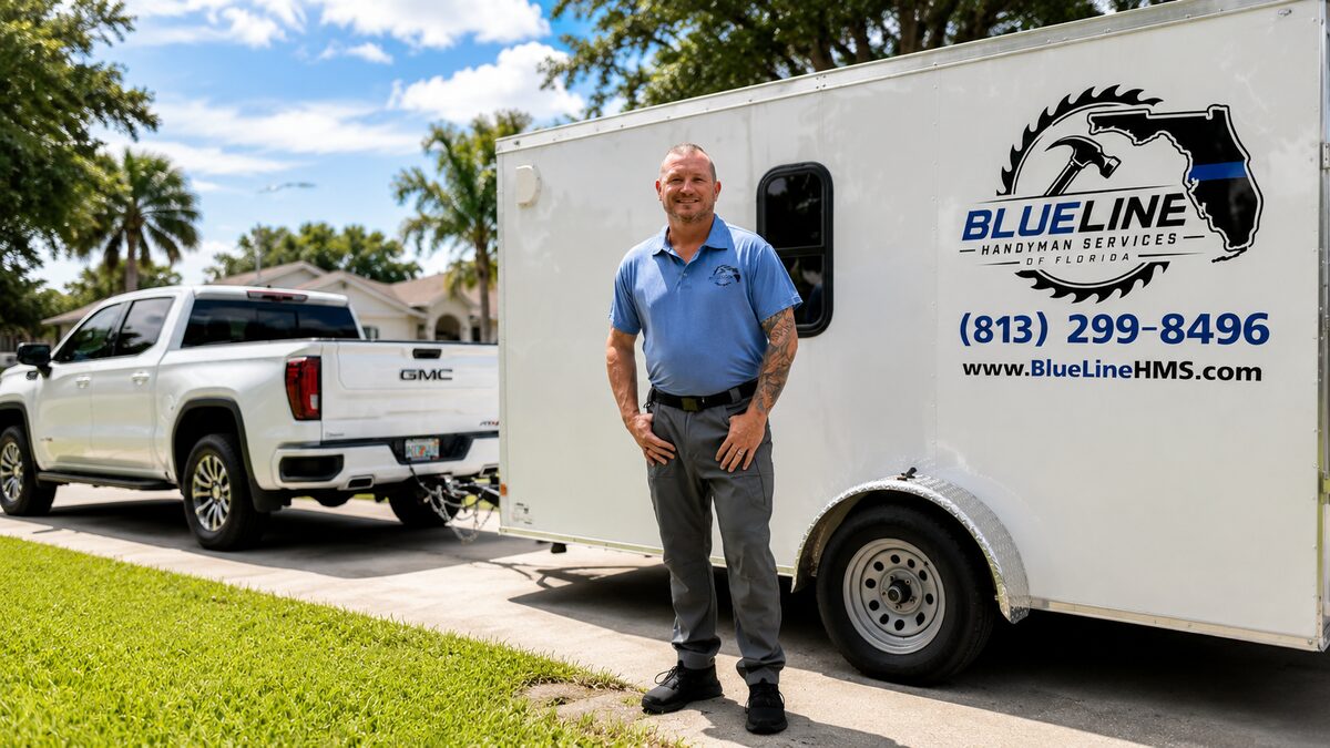 Blueline Handyman owner standing beside a branded service trailer